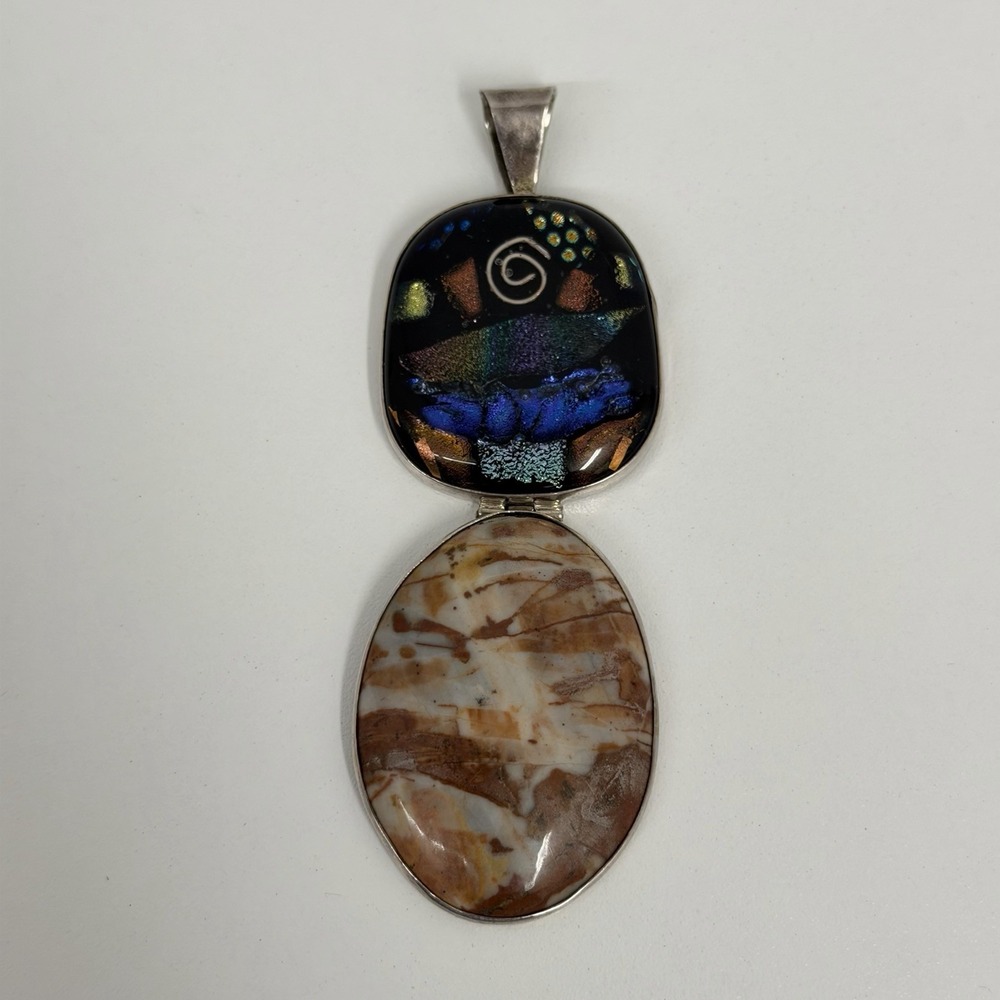 Vintage JUMBO Sterling Dichroic Glass and Jasper Pendant 48 Grams 4 3/8" Long
